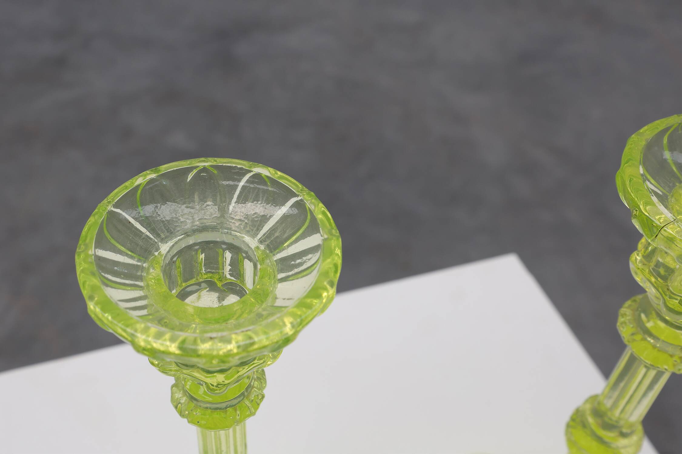 Pair Uranium or annagreen glass candlesticks by Vallerysthal & Portieux