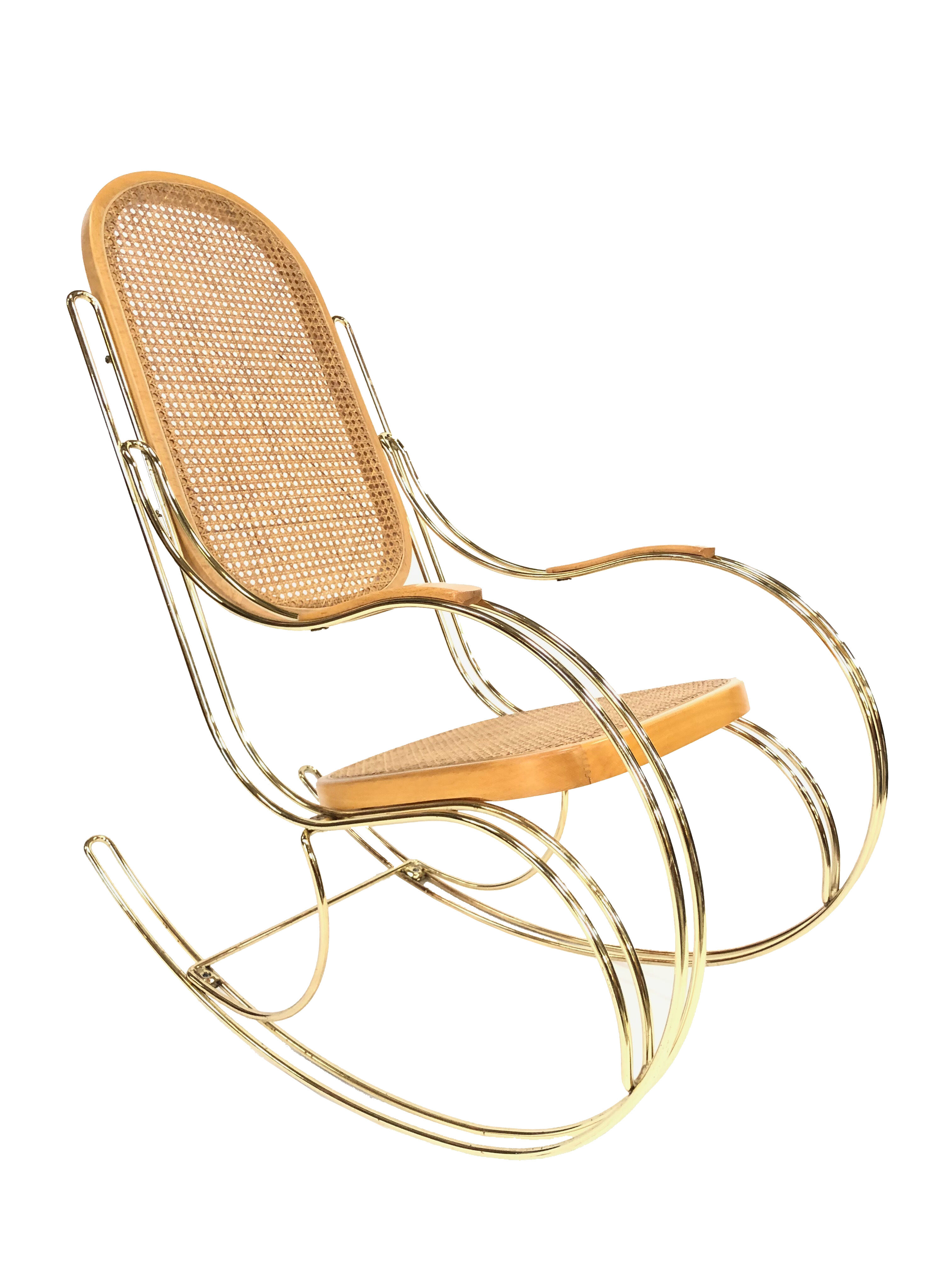 Vintage brass curved wooden rocking chair
