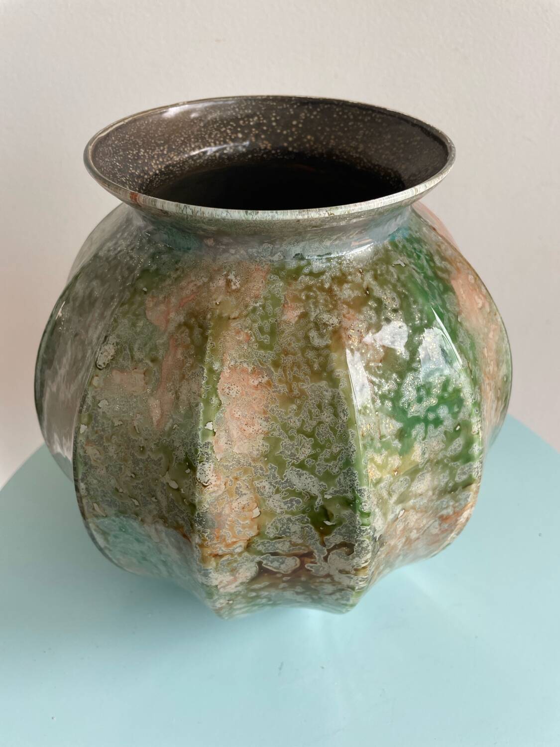 Iridescent glass ball vase with cut sides – Art glass style, unique piece