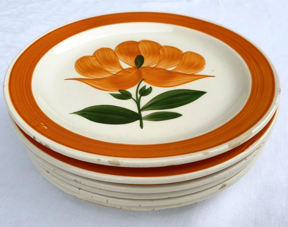 Set 6 plates Gien orange flower 1970 hand-painted decoration