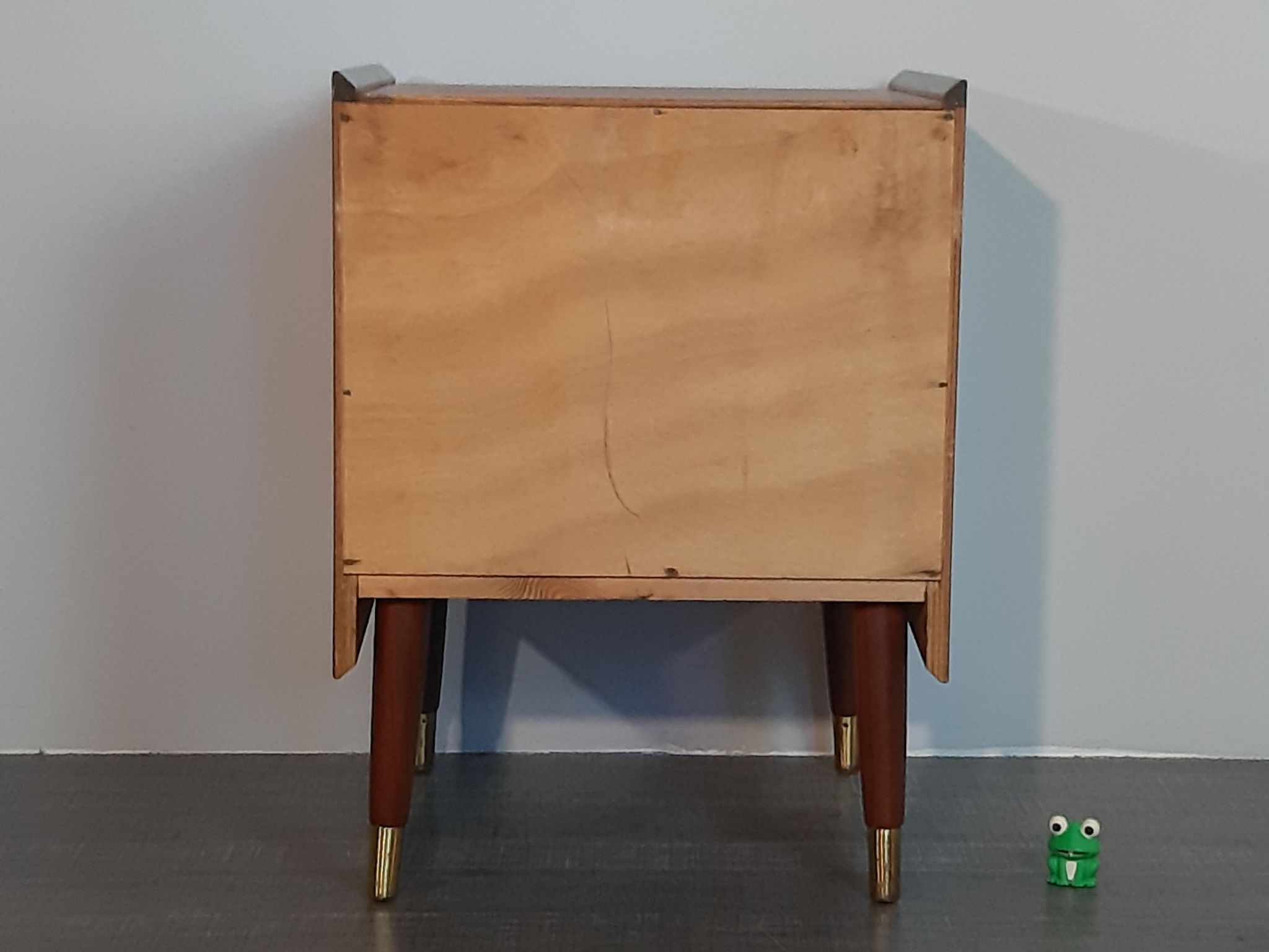 Norwegian bedside table with 3 drawers, teak and brass clogs