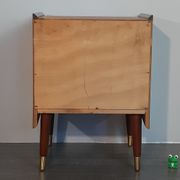 Norwegian bedside table with 3 drawers, teak and brass clogs