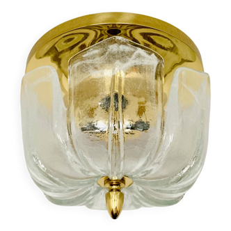 1 of 2 Large Brass and Floral Ice Glass Flush Light by Glashütte Limburg