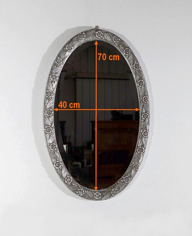 Oval mirror with silver frame, art nouveau, 1900