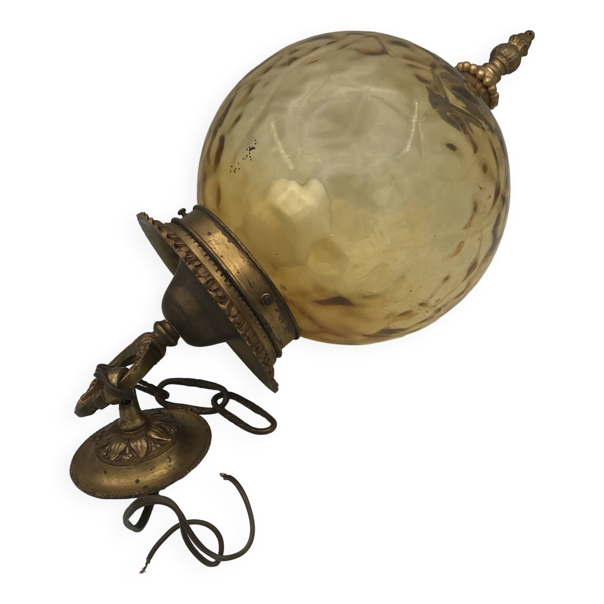 Chandelier vintage ceiling lantern in textured yellow glass and golden brass