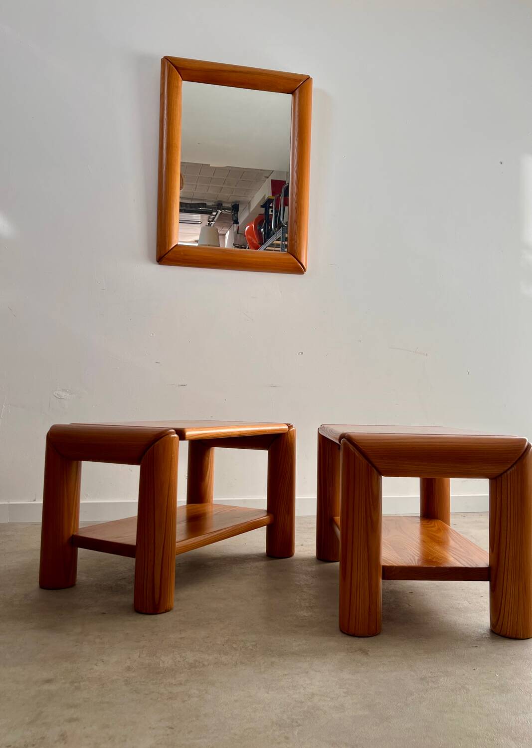 Old mirror in solid elm design from the 70s vintage brutalist style