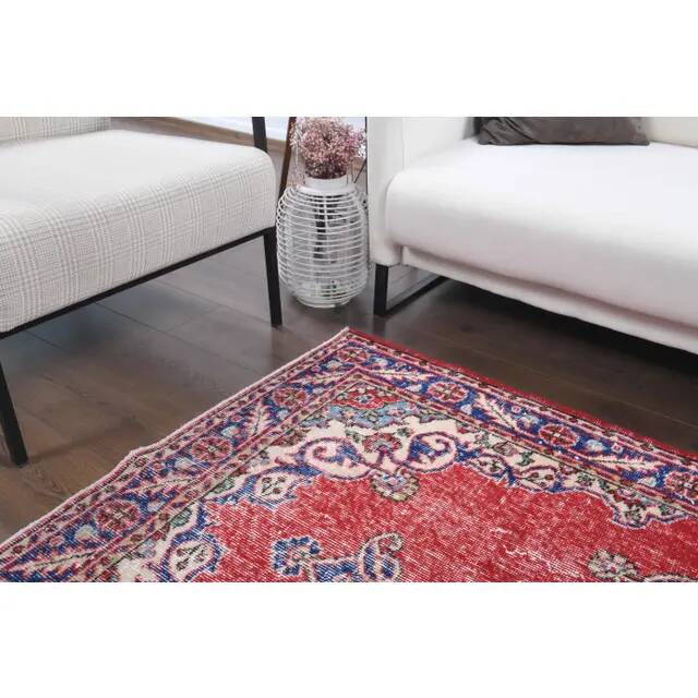 Vintage Turkish Oushak Handmade Wool Cotton Red Area Rug 124x209
