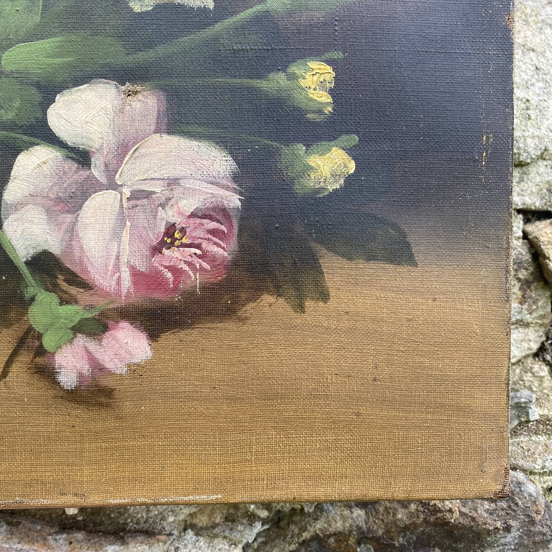 Old still life, old painting of flowers, bouquet of roses.