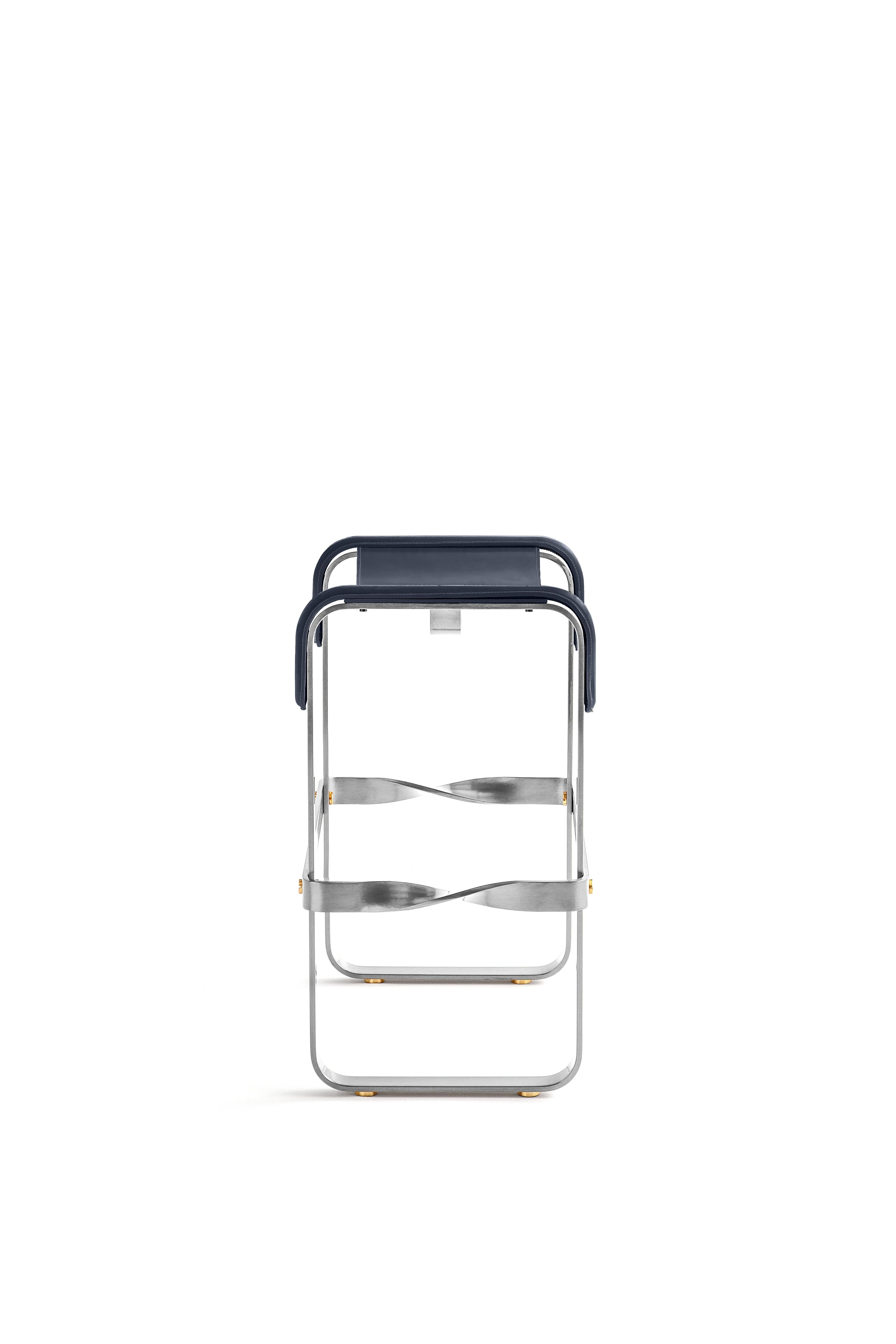 Contemporary Minimalist Bar Stool in Aged Silver Metal and Navy Blue Leather