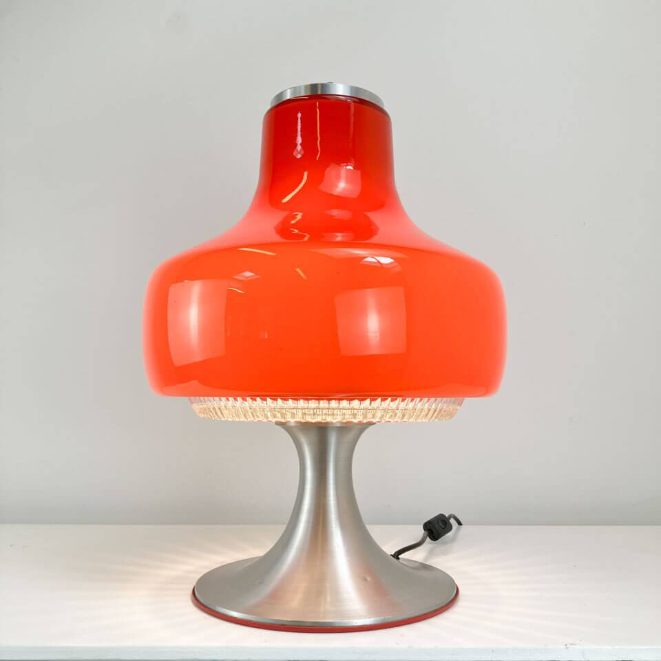 Vintage table lamp, glass shade with aluminium base, 70s