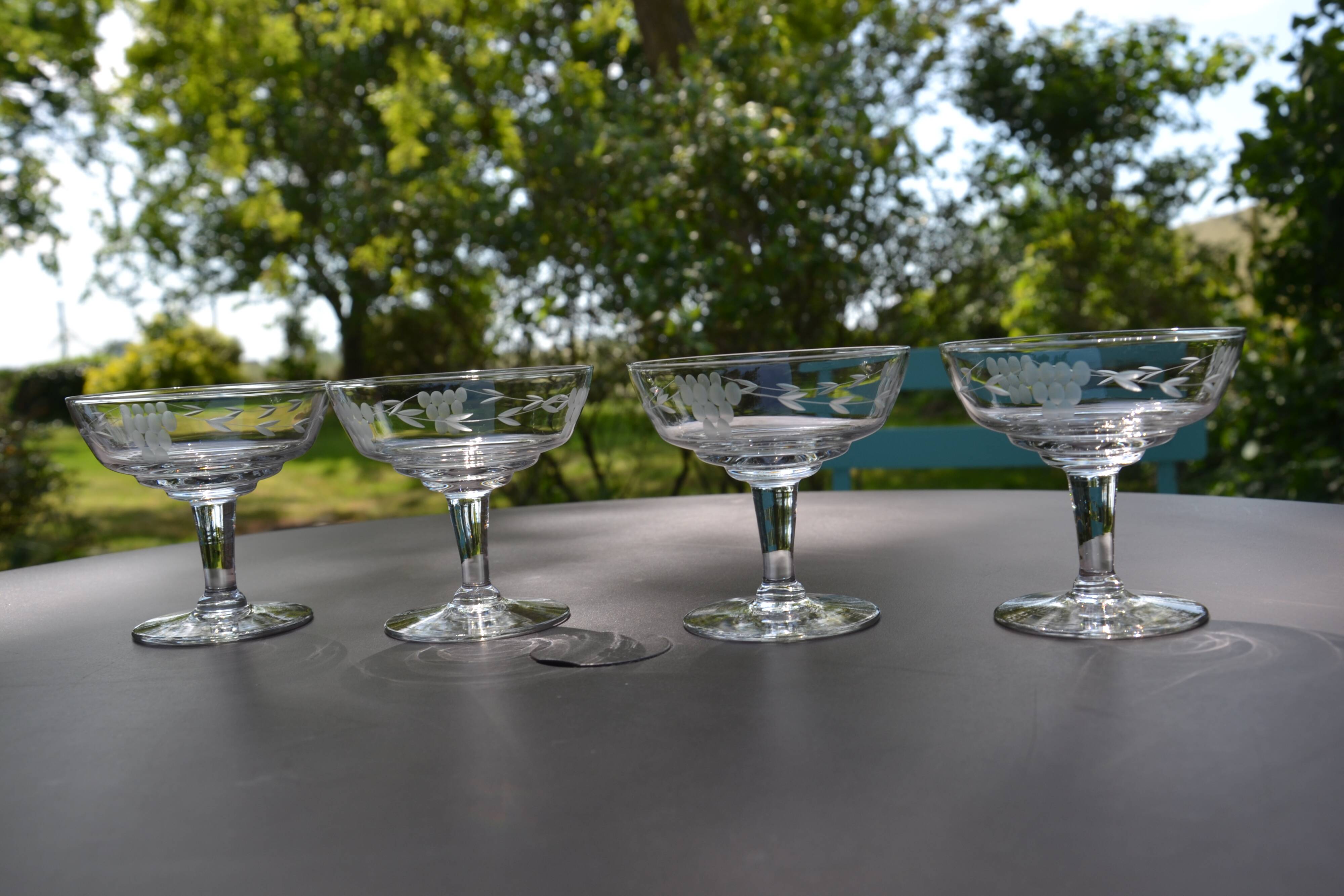 4 original antique champagne glasses in Belgian engraved glass