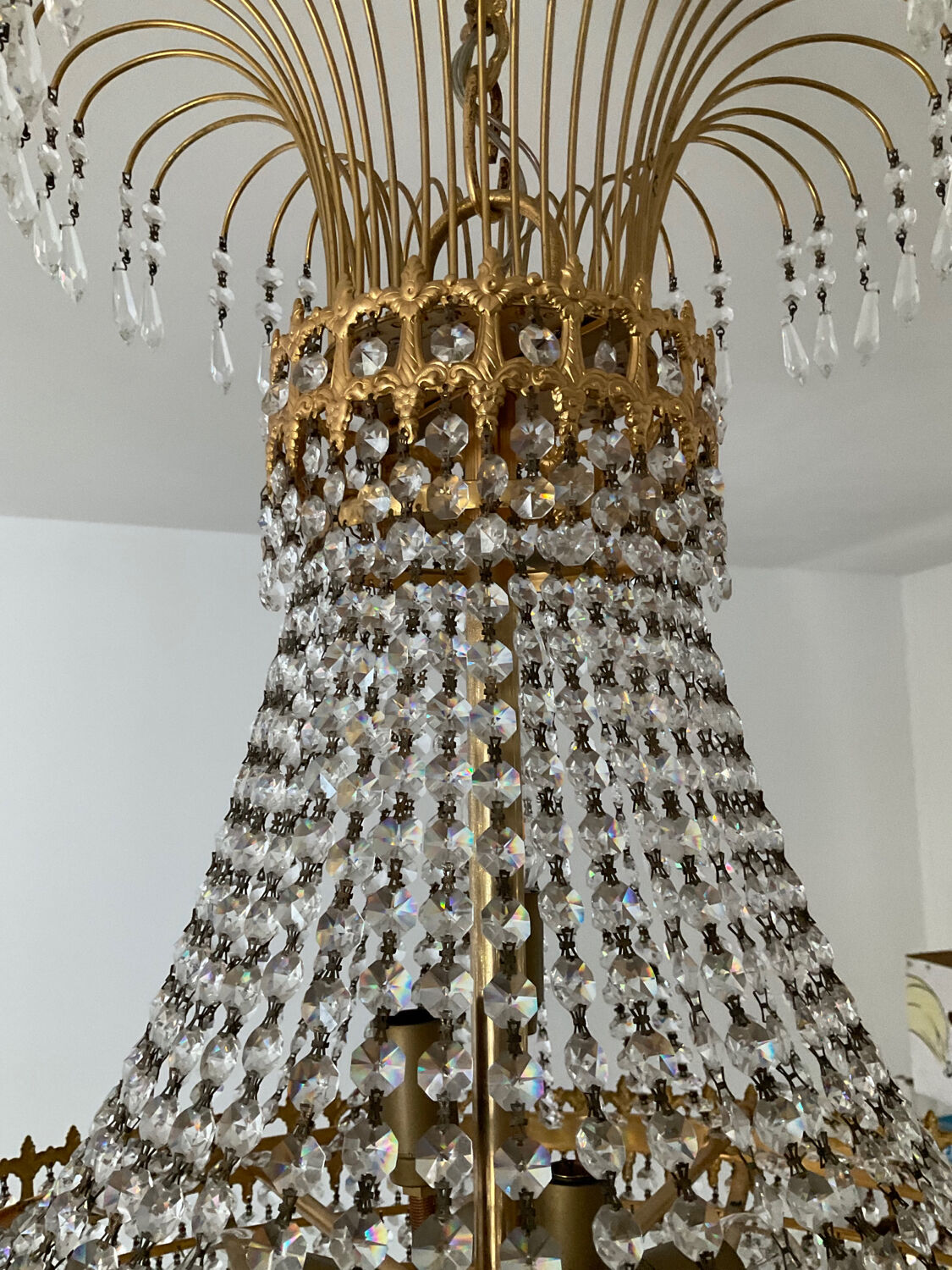 Brass chandelier and crystal tassel waterfall