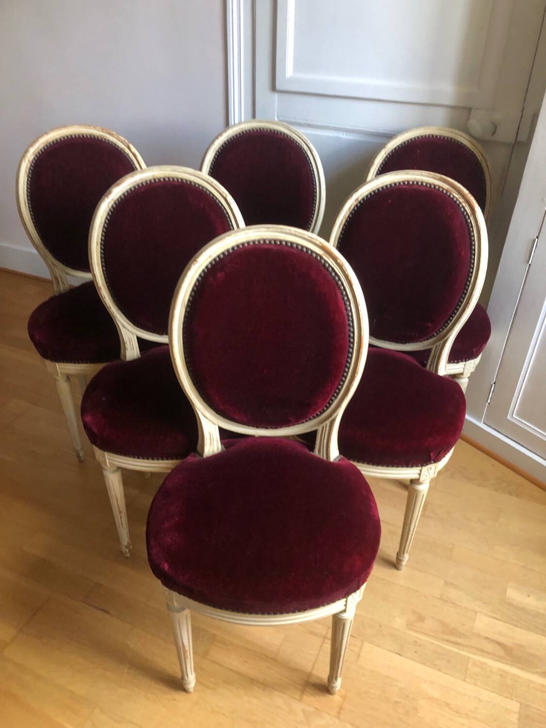 Lot of six Louis XVI chairs purple velvet patinated wood