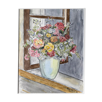 Watercolor painting "Bouquet of flowers on the window" + frame