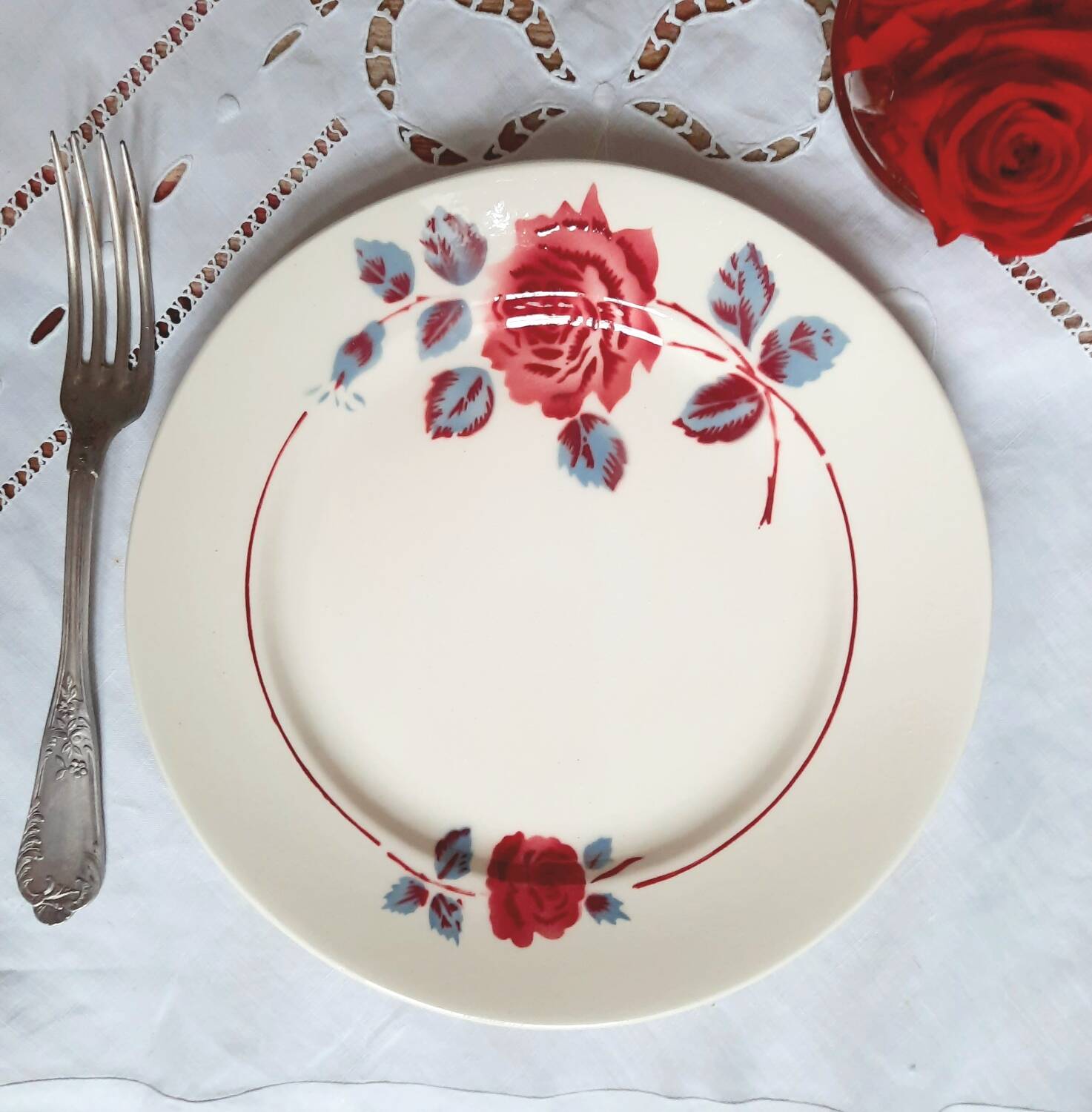 Old mismatched earthenware dinner plates