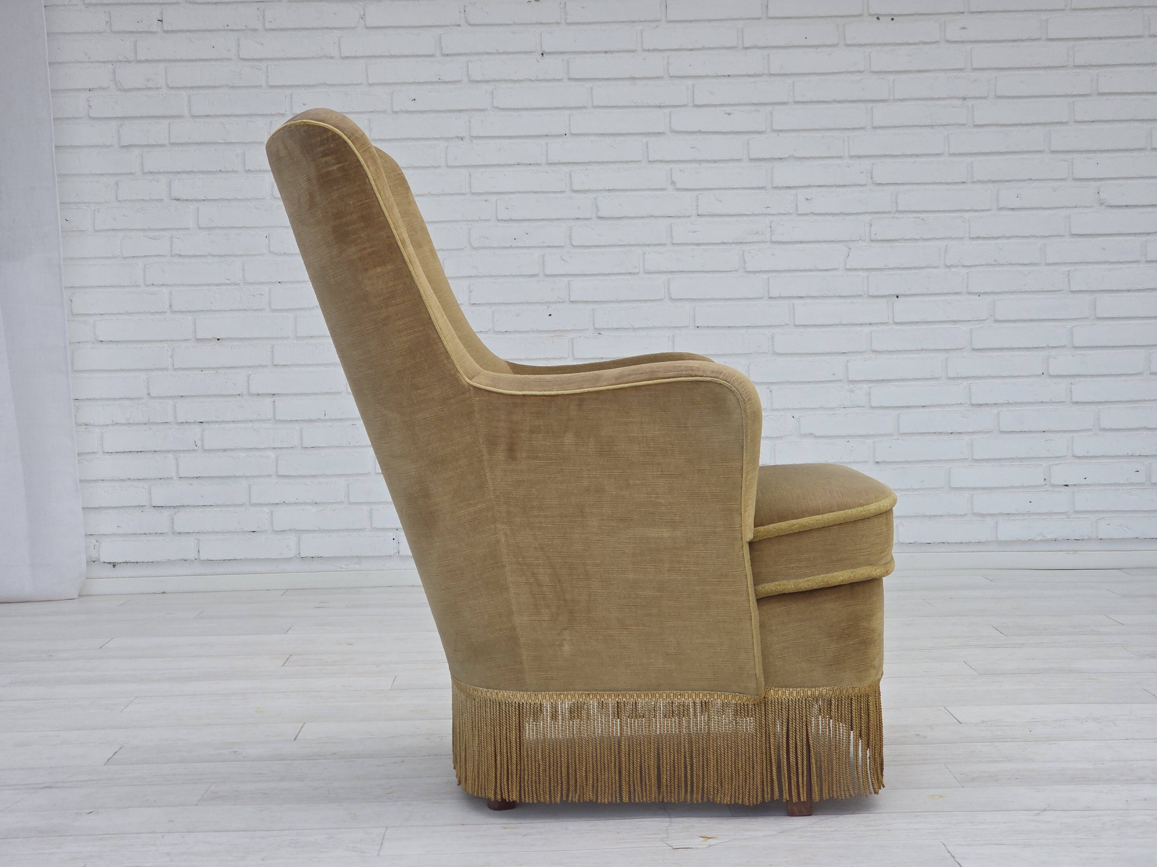 1970s, Danish highback back armchair, light green furniture velour.