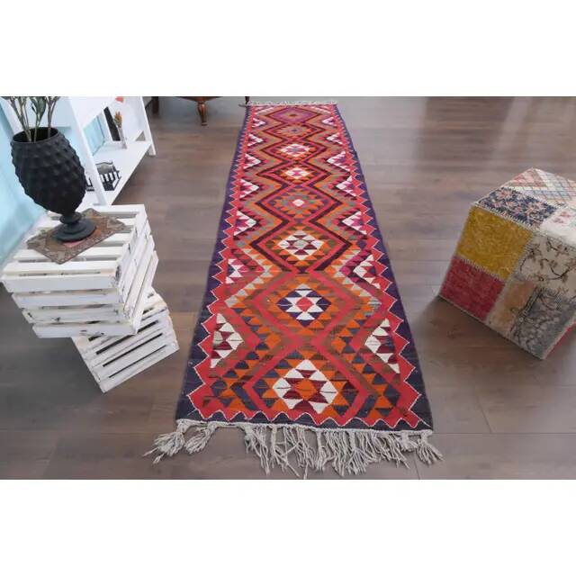 1970s Vintage Turkish Hand-Knotted Wool Cotton Pink Runner Rug 91x340