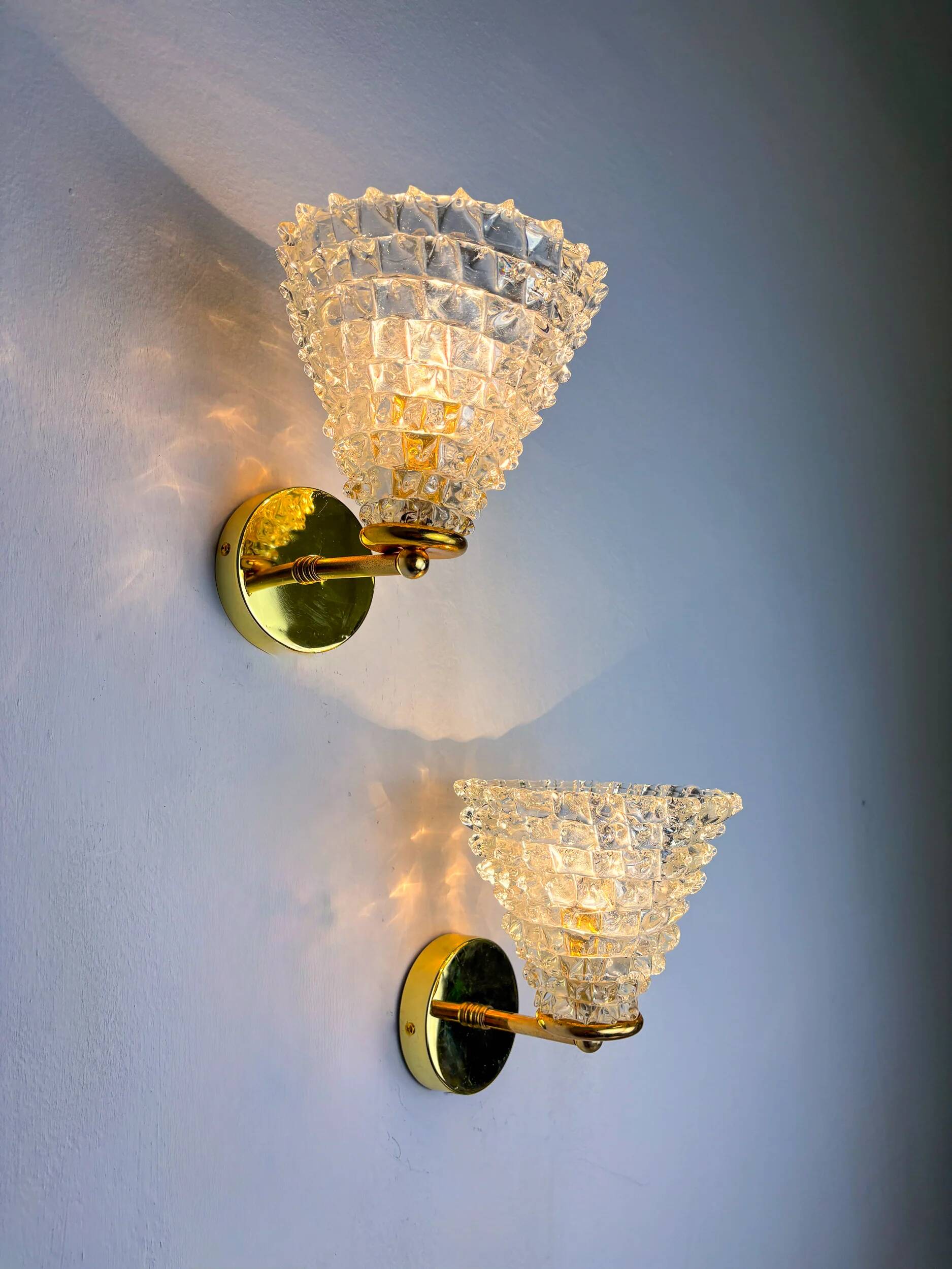 Pair of Mid-Century Barovier & Toso "Rostrato" Murano Glass Wall Lamps, Italy 1960s