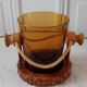 Amber glass and olive wood ice bucket / vintage rope 70s