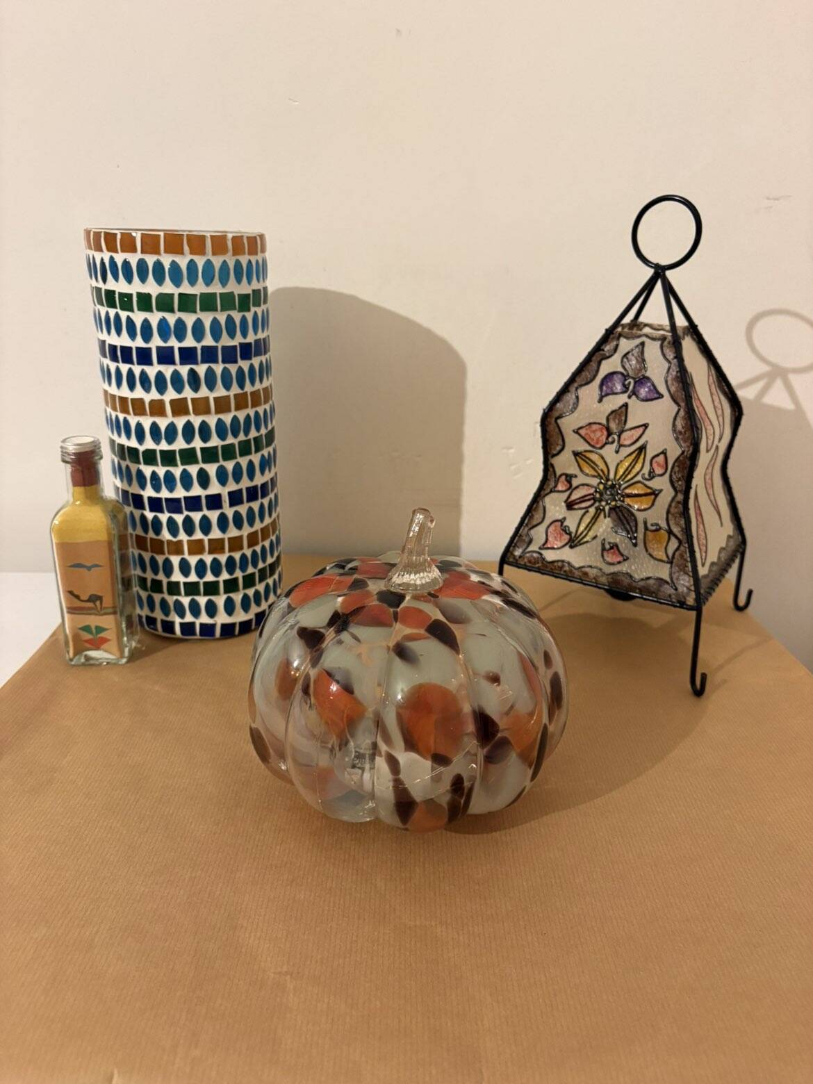 White, orange & brown glass pumpkin lamp – vintage