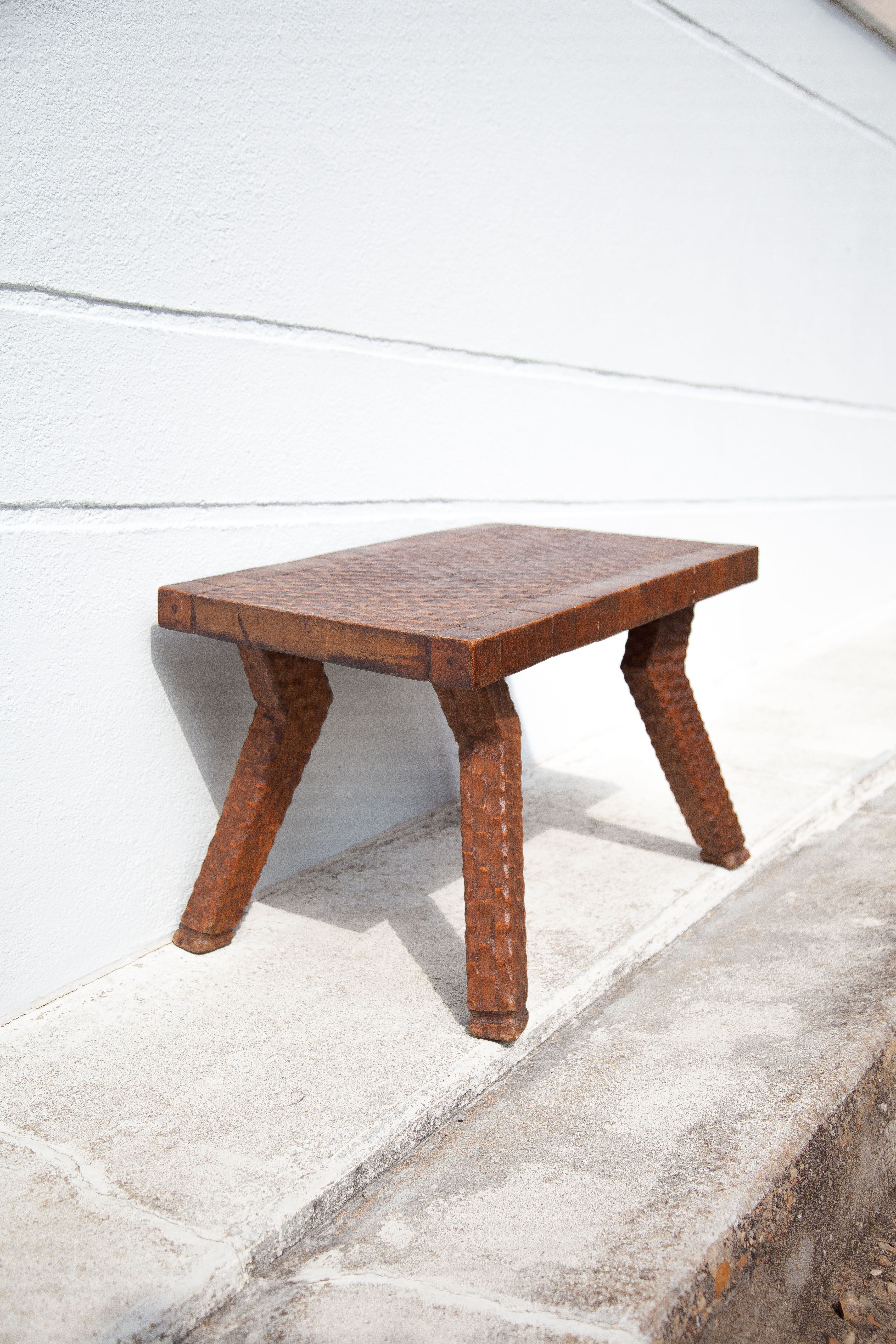 Carved wood coffee table, hammered wood table, side table, living room table, vintage table