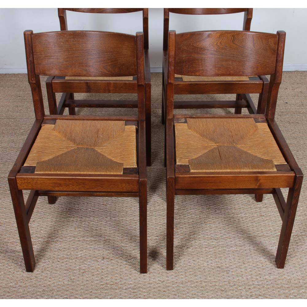 Set of 4 vintage solid wood and straw chairs, 1980