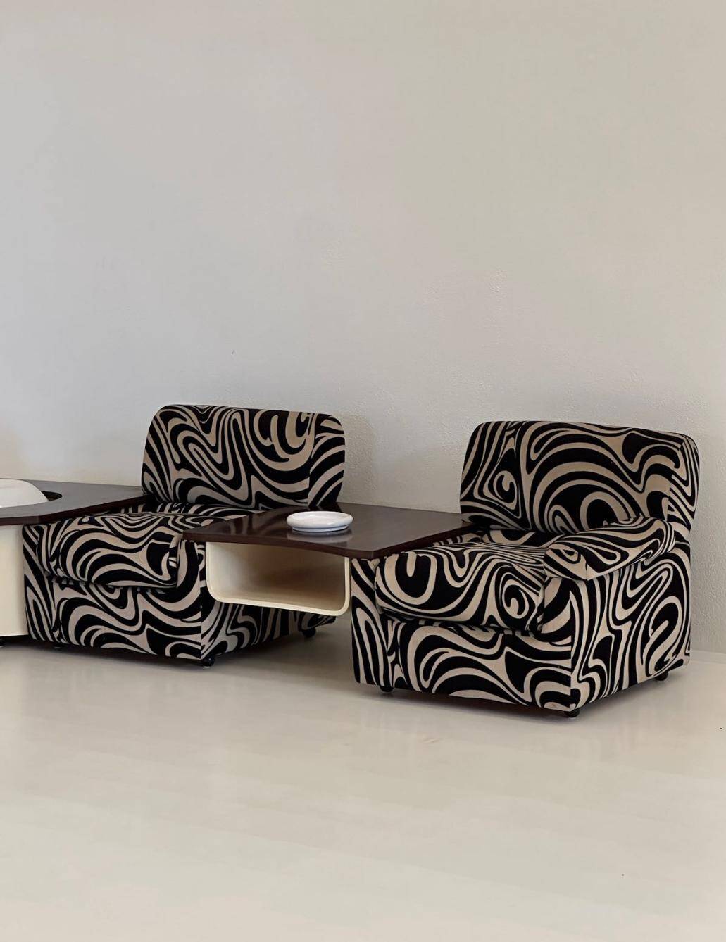 Modular 70s sofa, reupholstered, with integrated table modules, sculptural