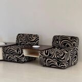 Modular 70s sofa, reupholstered, with integrated table modules, sculptural