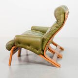 Scandinavian Rybo Rykken Olivegreen Leather 2-Seat Ry-Wing Lounge Sofa, 60s