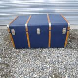 Old blue travel trunk handle leather