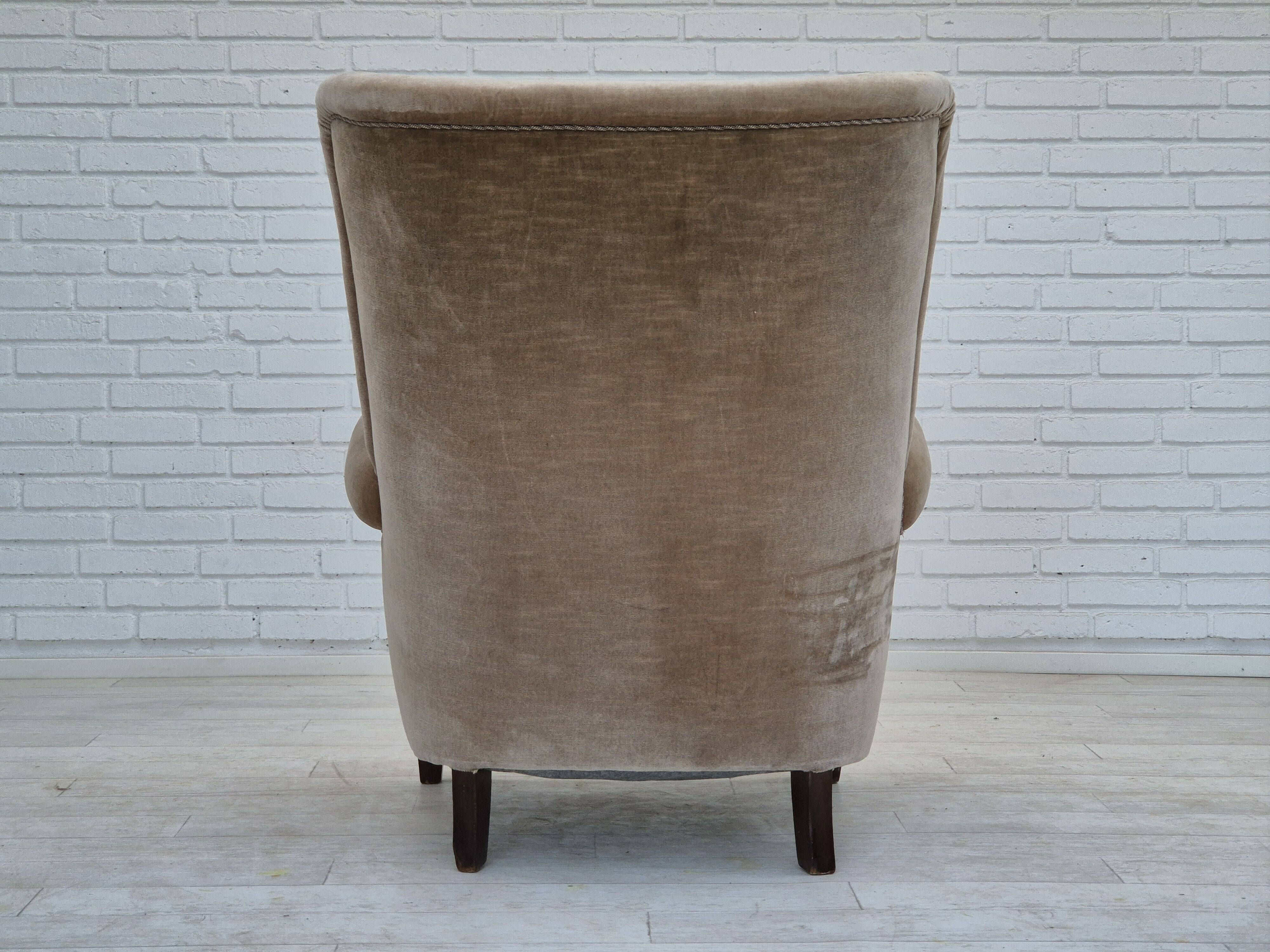 1970s, Danish highback armchair, original condition, furniture velour, bech wood.