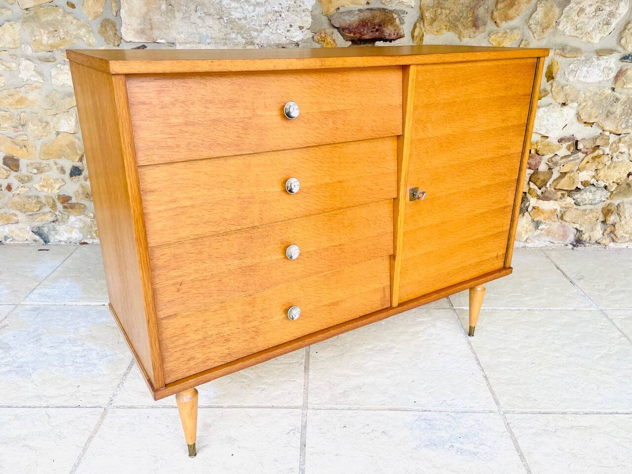 Large vintage chest of drawers with 4 drawers and oak storage, circa 1960s.