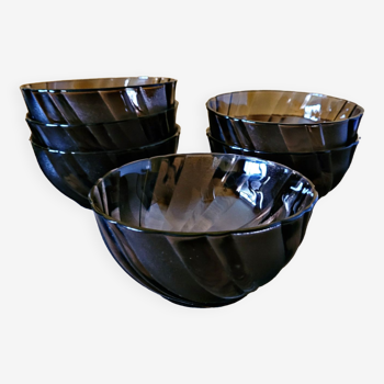 6 coupelles ou bols vintage en verre noir fumé avec des torsades