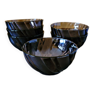 6 vintage cups or bowls in smoked black glass with twists