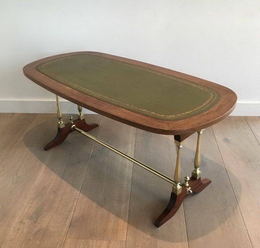 Neoclassical coffee table in wood, brass and leather