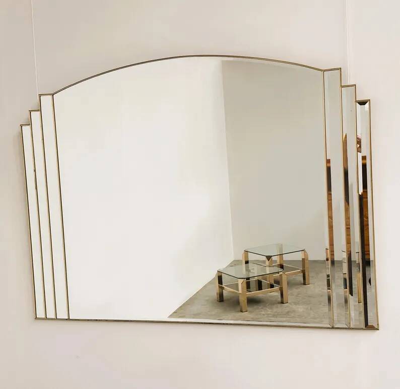 Vintage Art Deco Bevelled Mirror with Brass Trim, 1980s