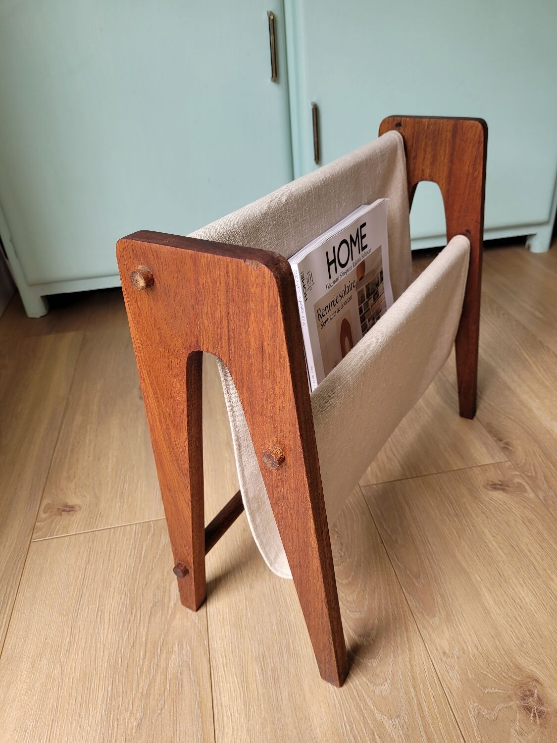 Scandinavian magazine rack exotic wood and linen