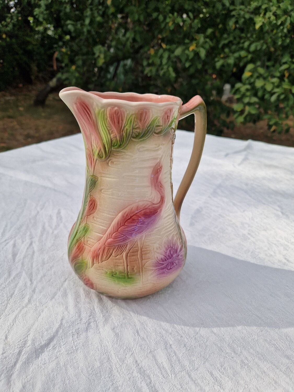 Antique Barbotine Pitcher from the Saint Clément Factory, Heron Decor