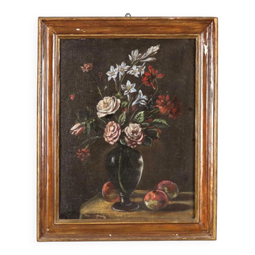 Old painting "Vase with fruits and flowers" oil on canvas 19th century