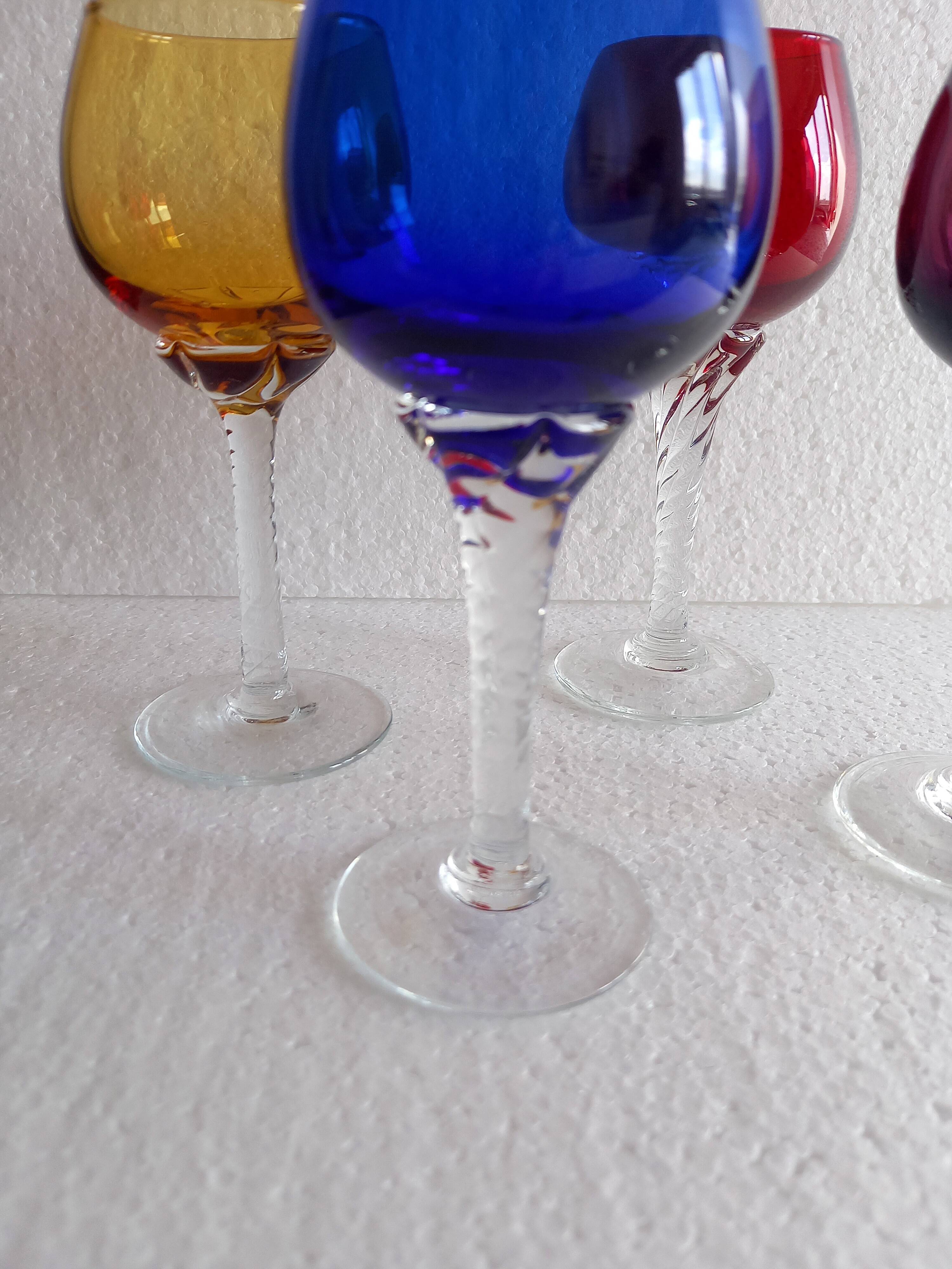 4 Antique Stemmed Liqueur Glasses in Colored Blown Glass