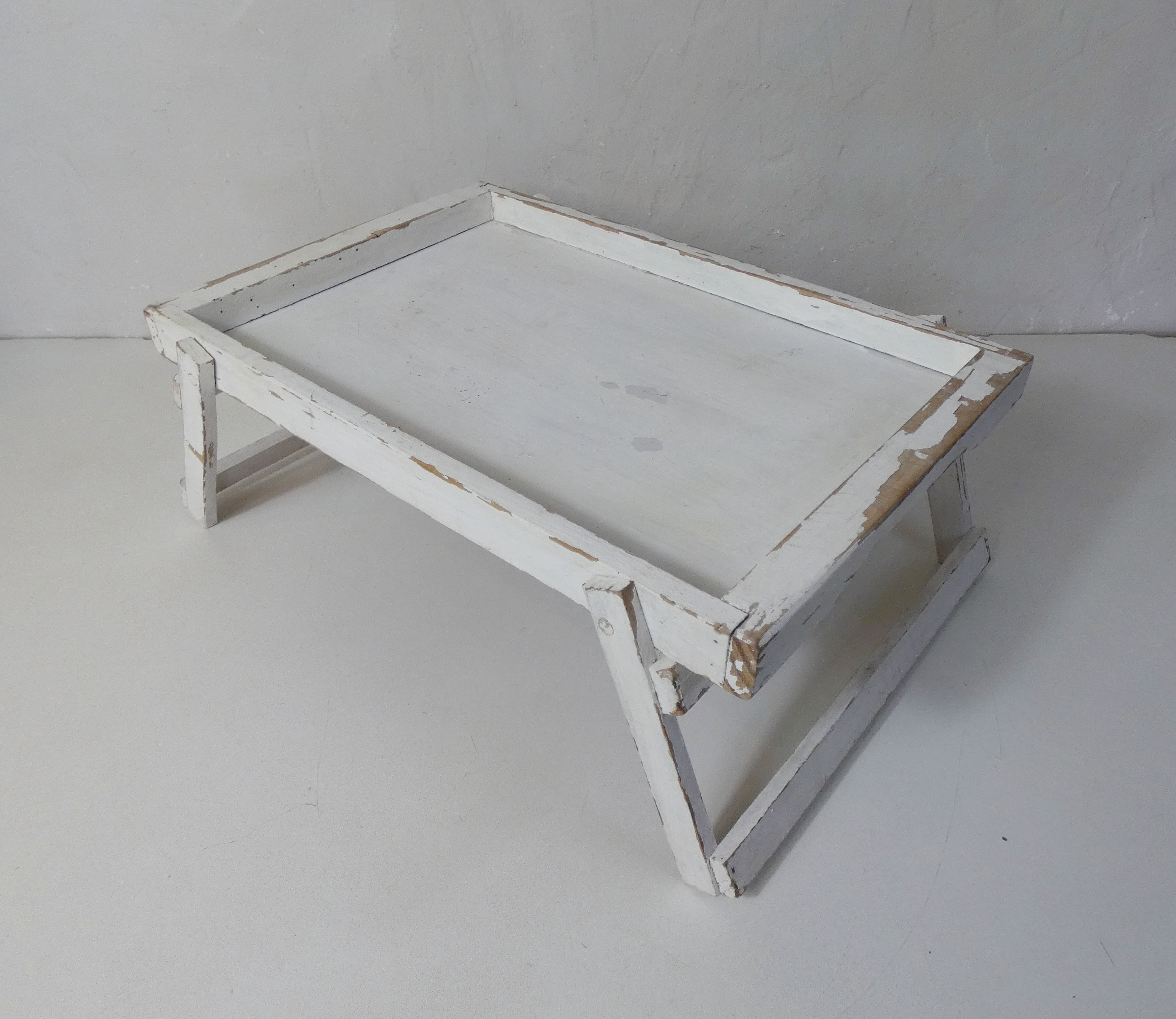 Vintage wooden tray breakfast in bed