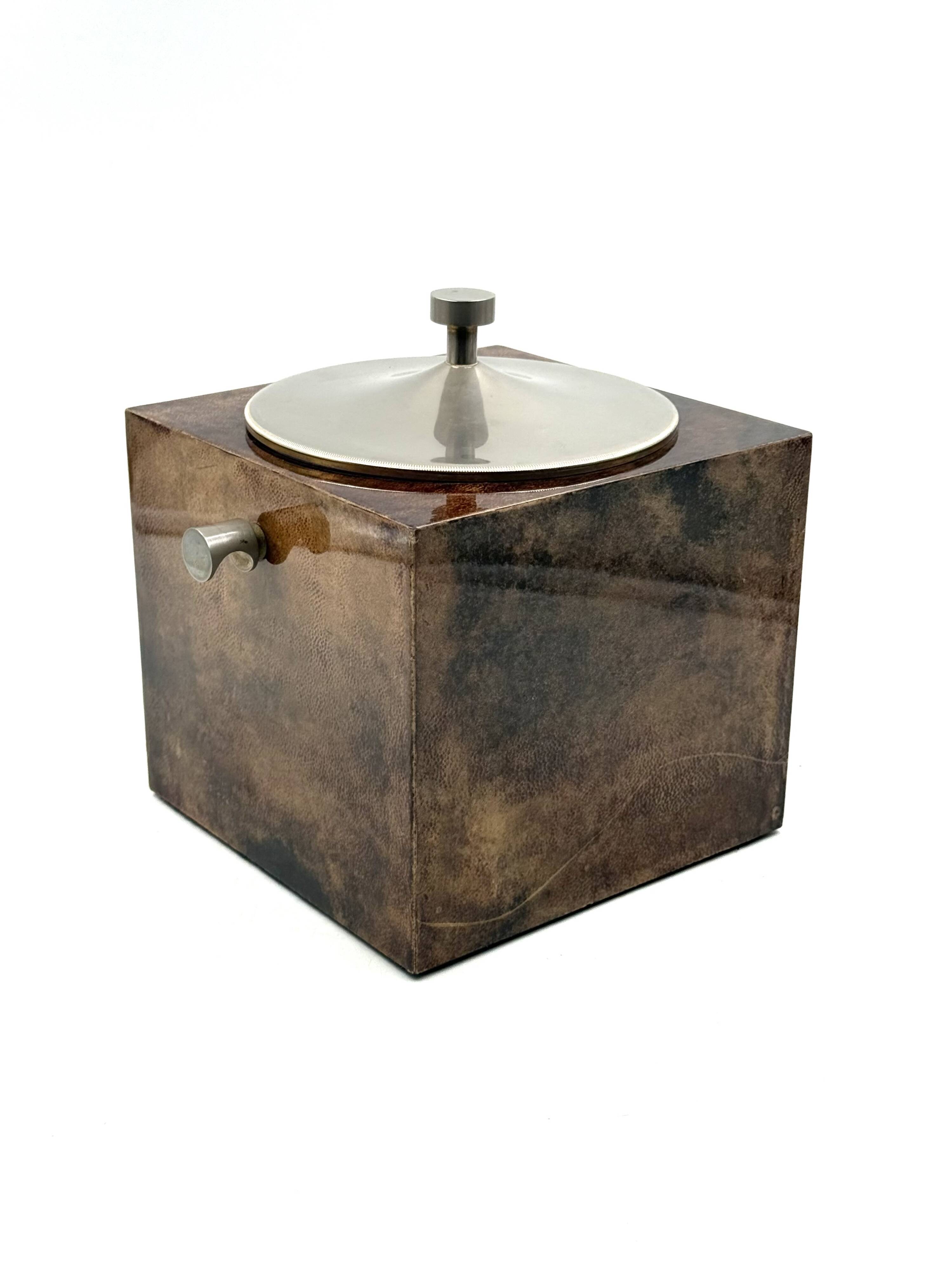 Mid-century brown parchment ice bucket, Aldo Tura Italy 1950s