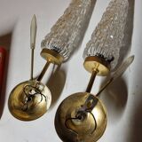 Paire d'applique ancienne en métal doré et verre