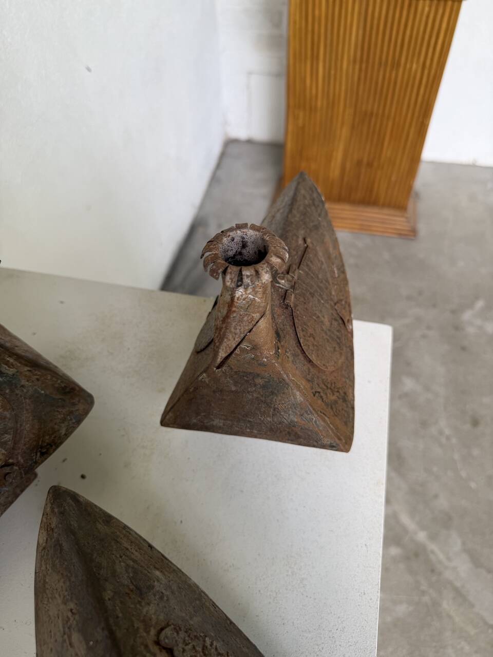 Series of three brutalist Folk Art candle holders