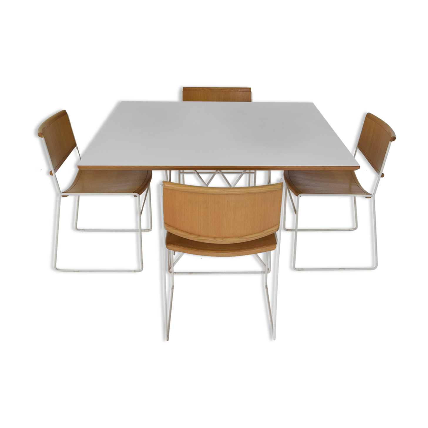 Minimalist Modernist dining set 4 wire chairs with maple wood and matching dining table,1980s