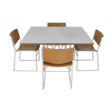 Minimalist Modernist dining set 4 wire chairs with maple wood and matching dining table,1980s