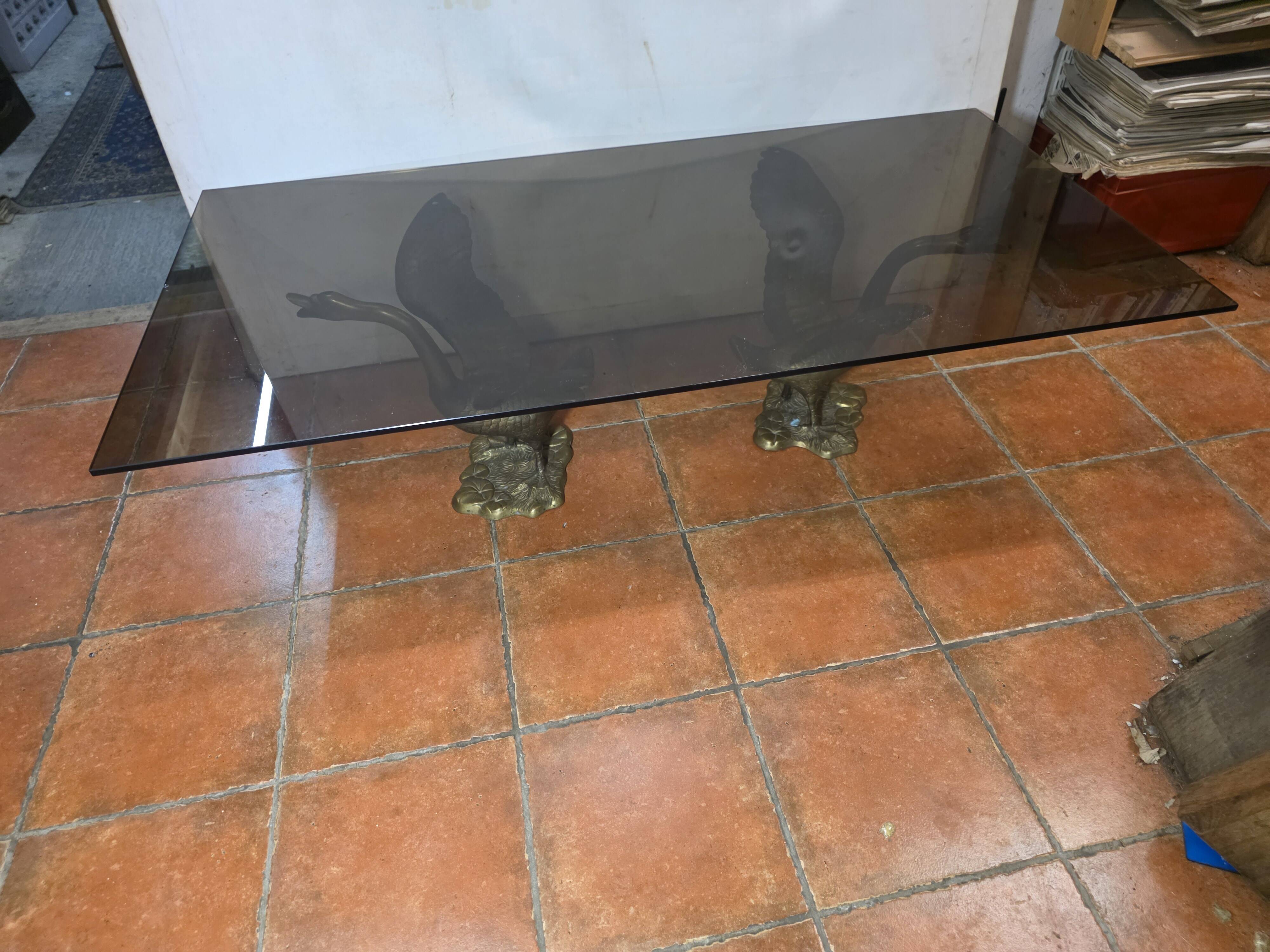 Vintage brass goose coffee table with smoked glass, 1970s.