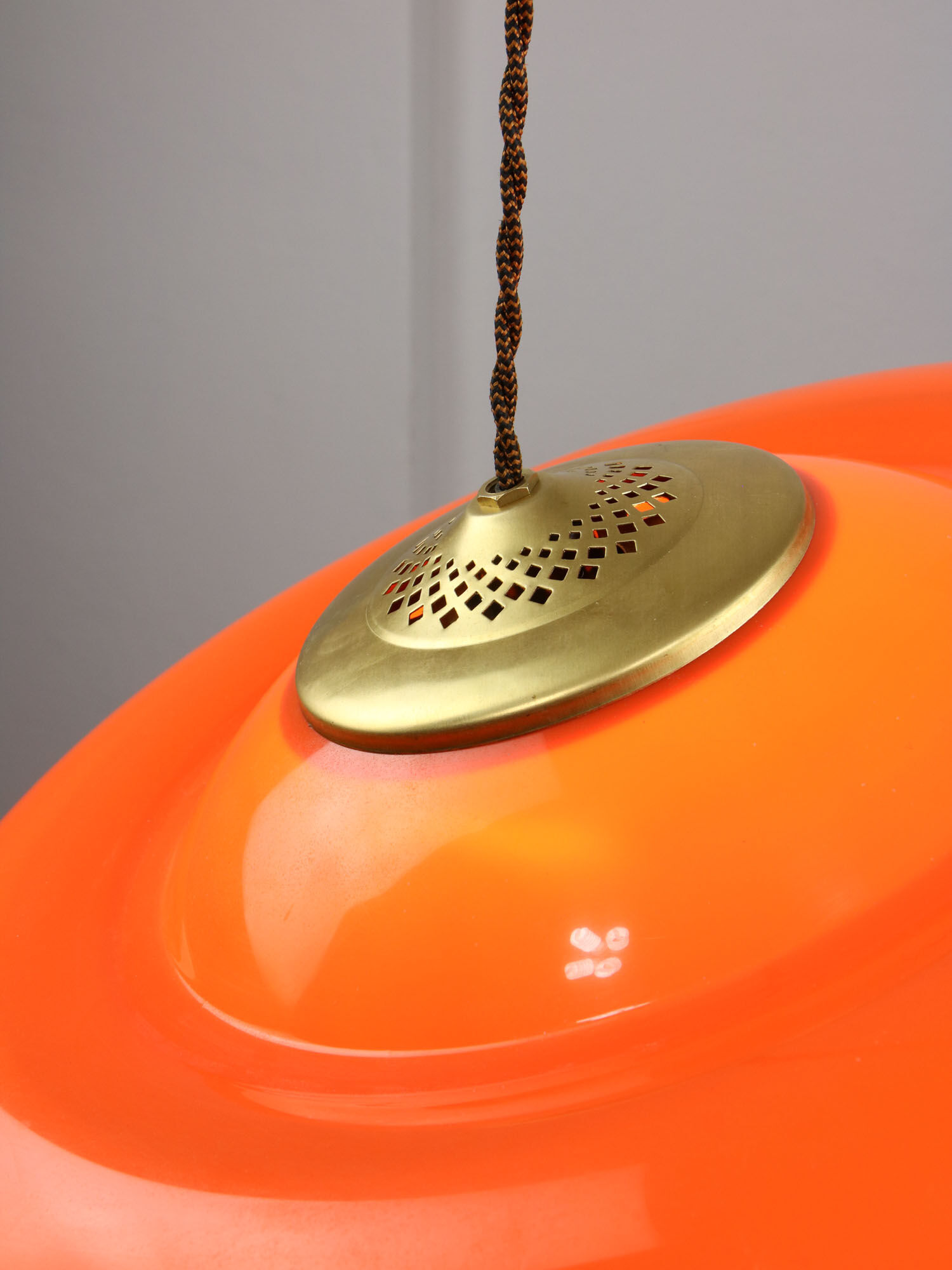 Space-age orange brass and plexiglass pendant lamp 70s