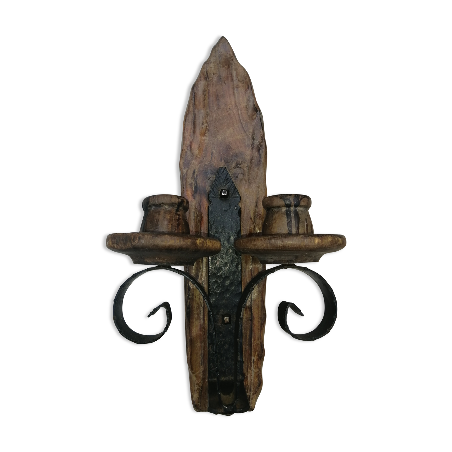 Rustic wooden wall lamp.