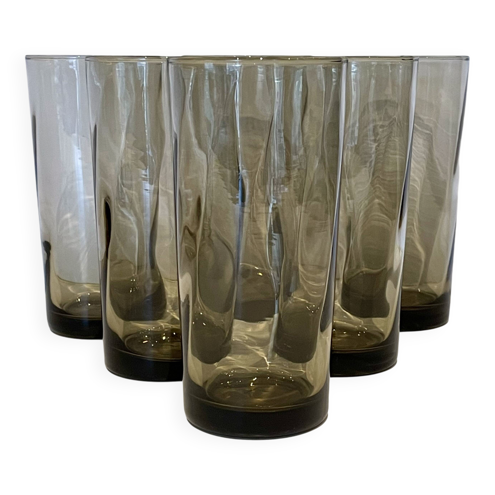 6 grands verres à orangeade années 70 en verre fumé brun